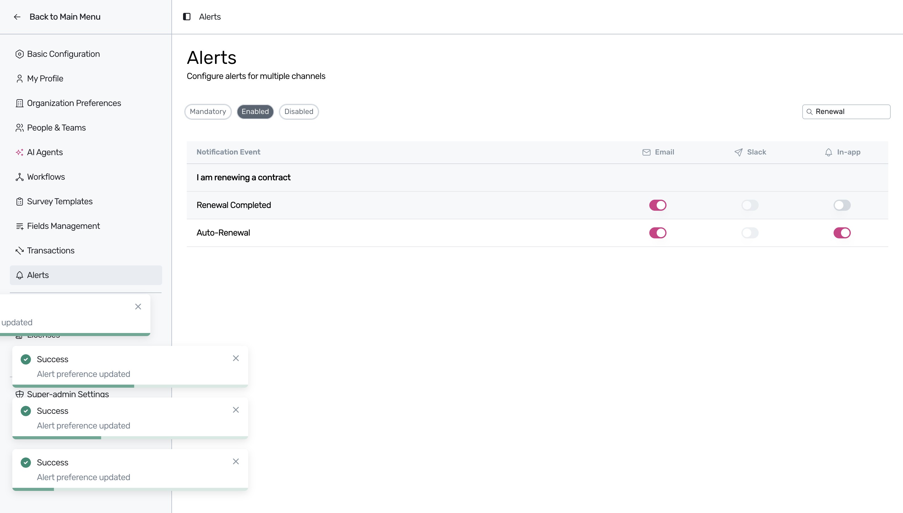 Toggling channels for enabled alerts