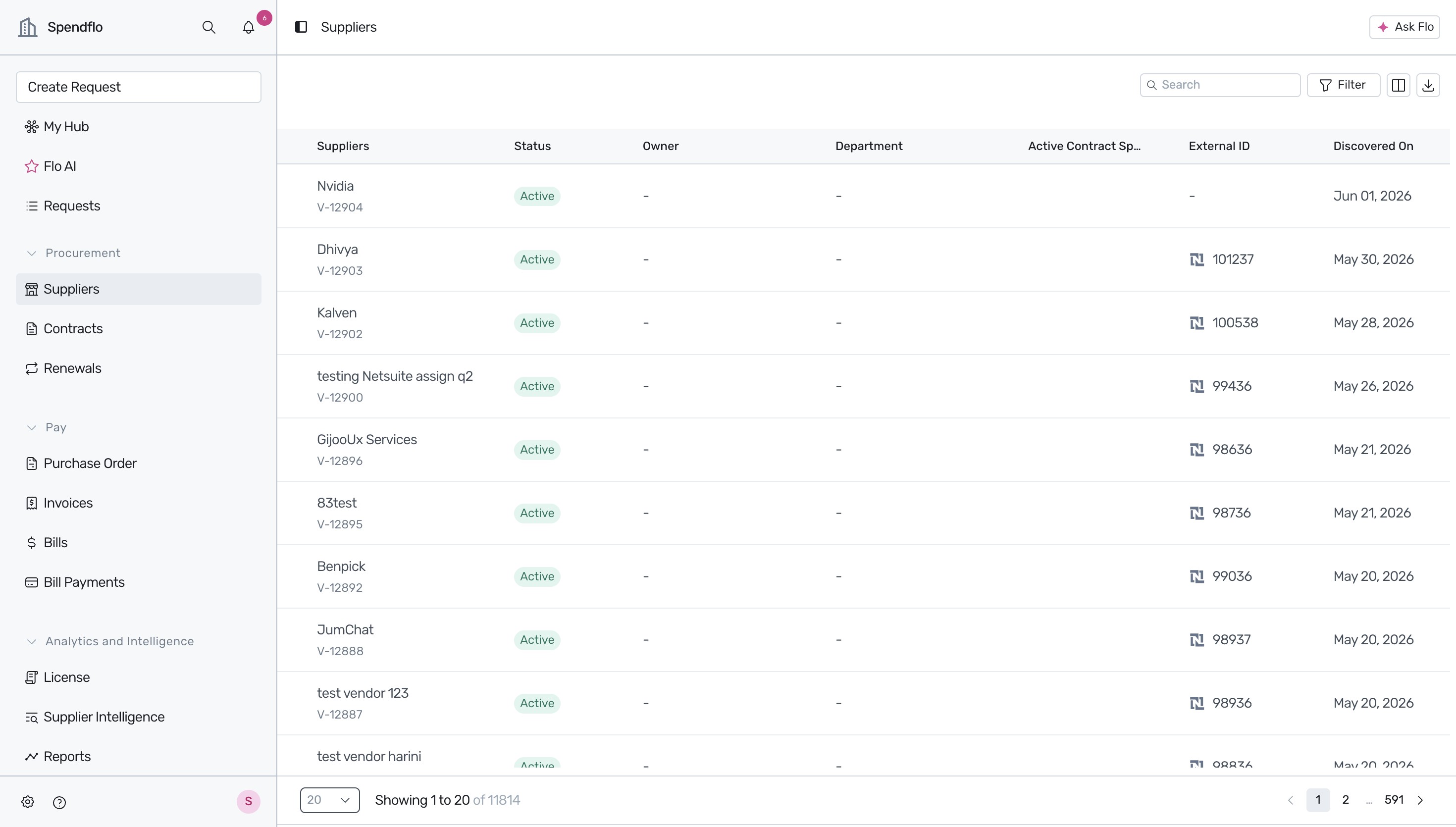 Suppliers page listing registered suppliers