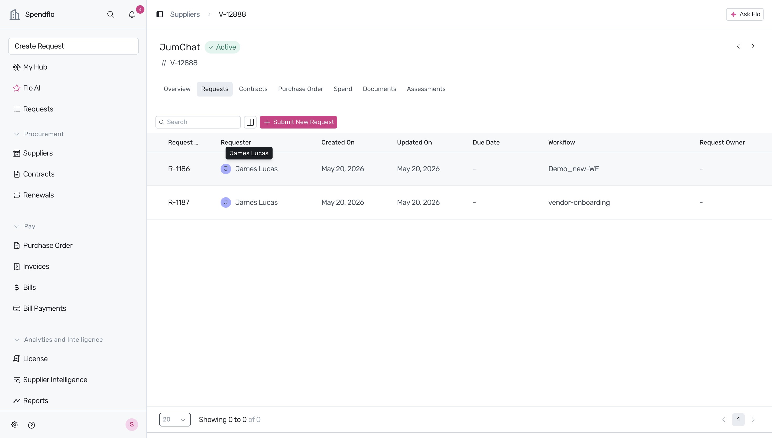 Requests tab showing active requests