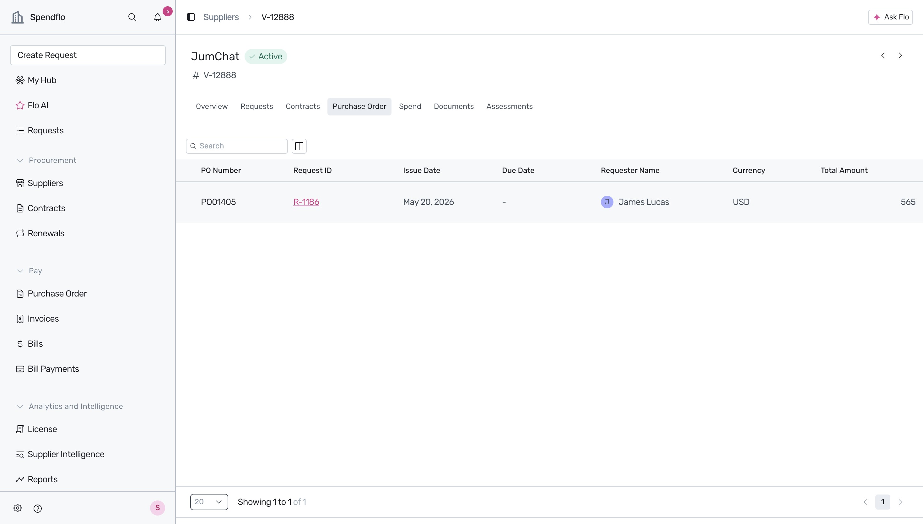 Purchase Order tab listing supplier orders