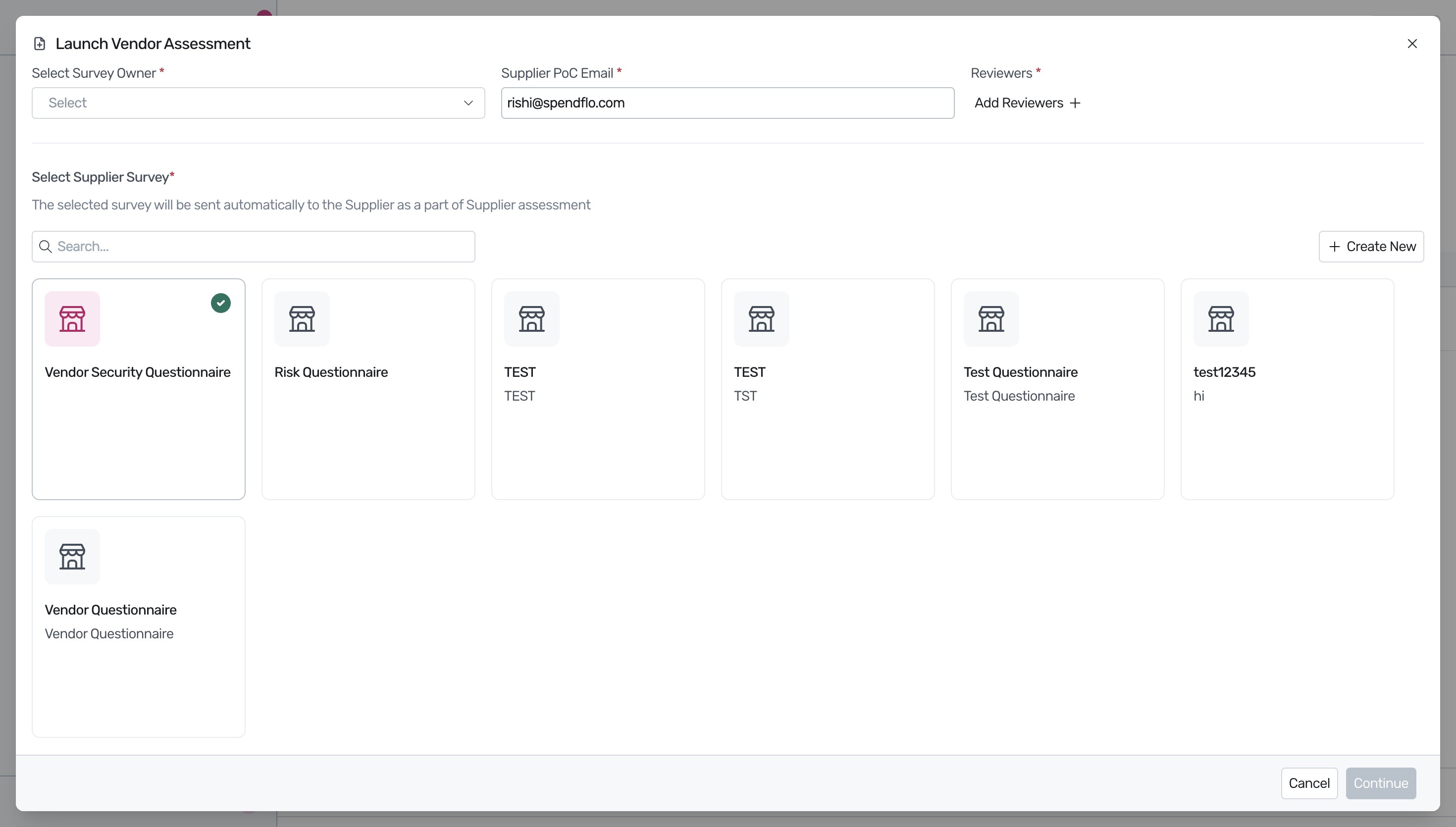 Launch Assessment modal with template selection