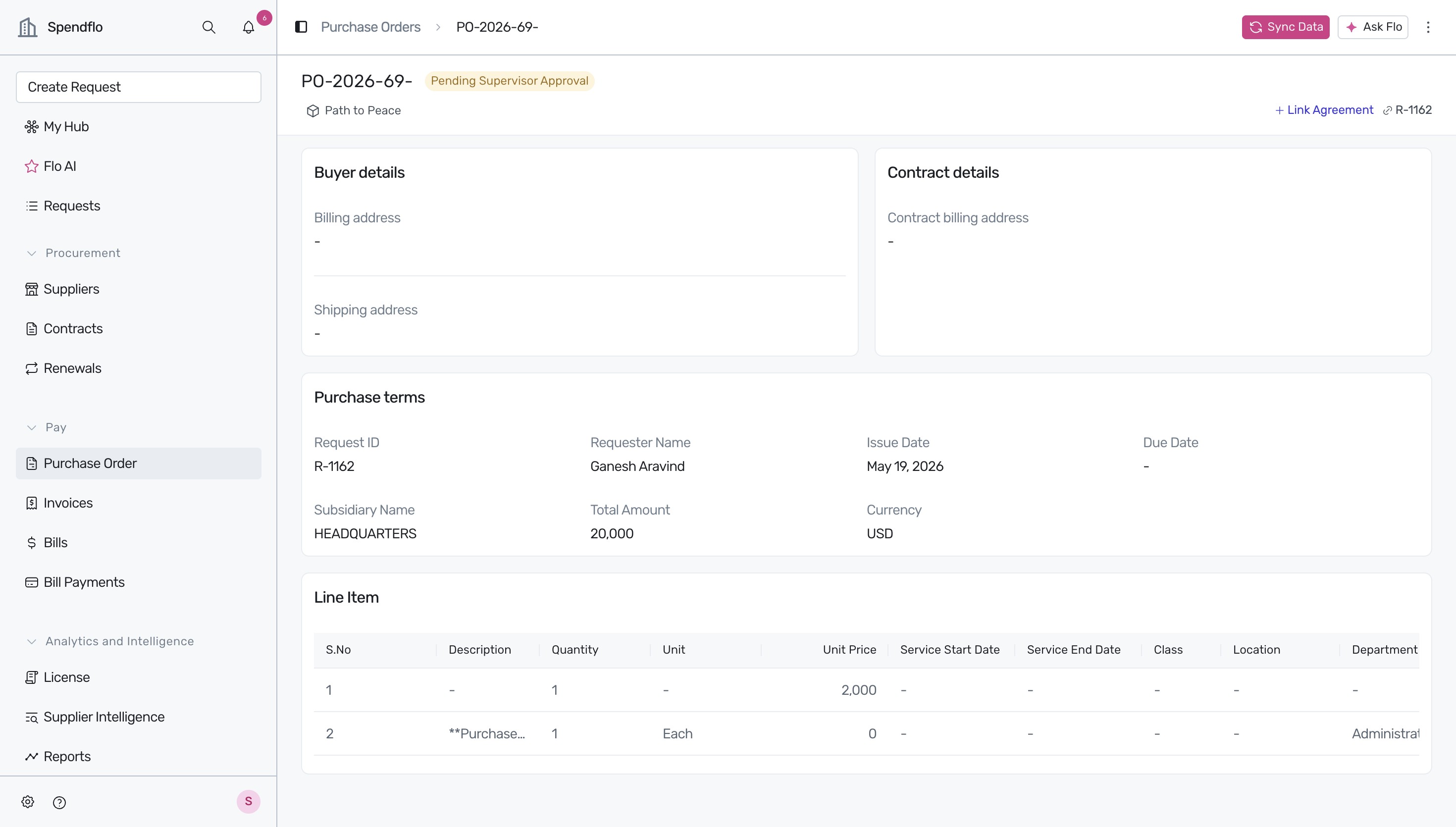 Selecting a specific Purchase Order to view details
