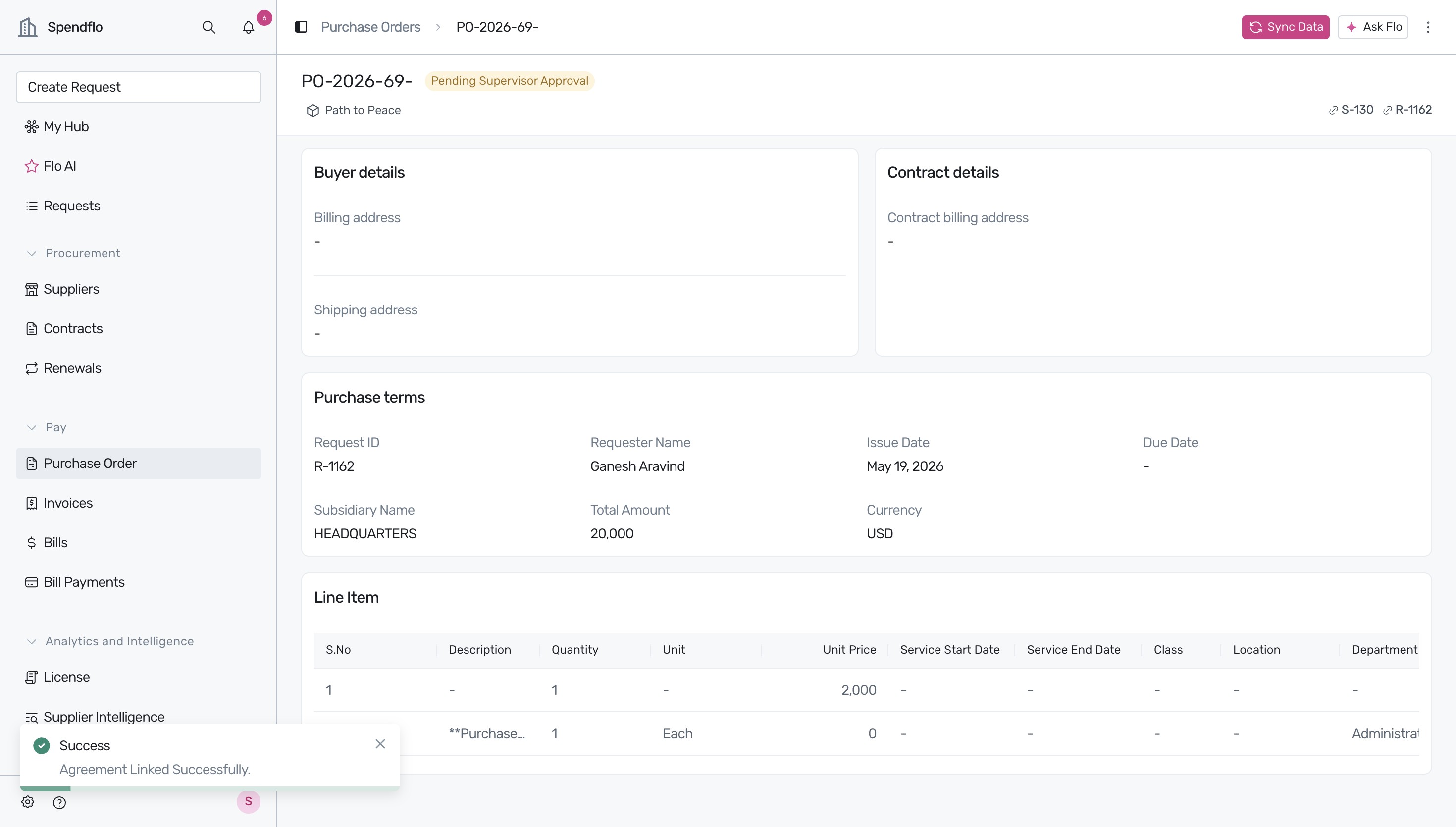Successfully linked agreement showing contract ID
