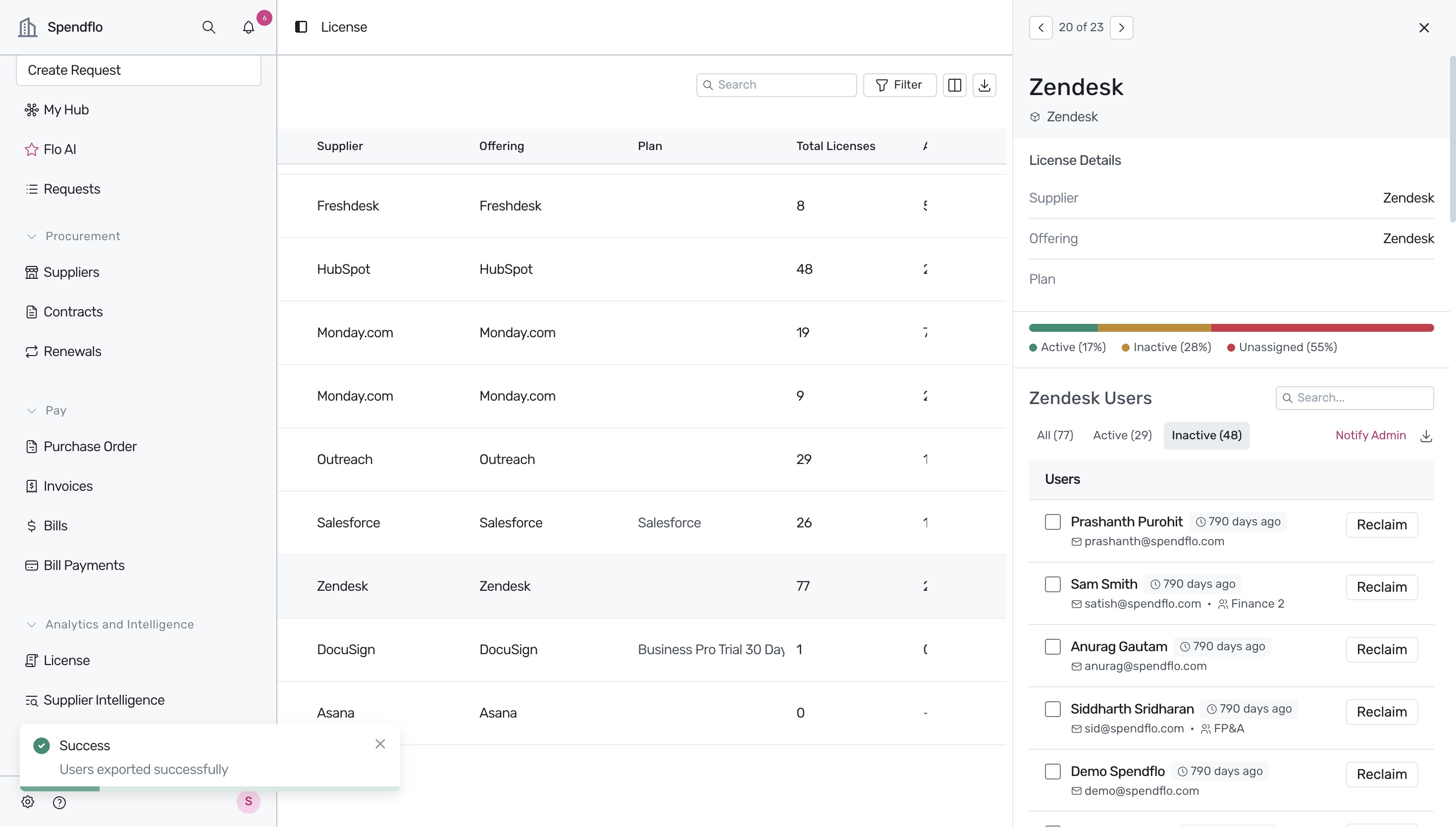 Exporting users list showing successful download notification