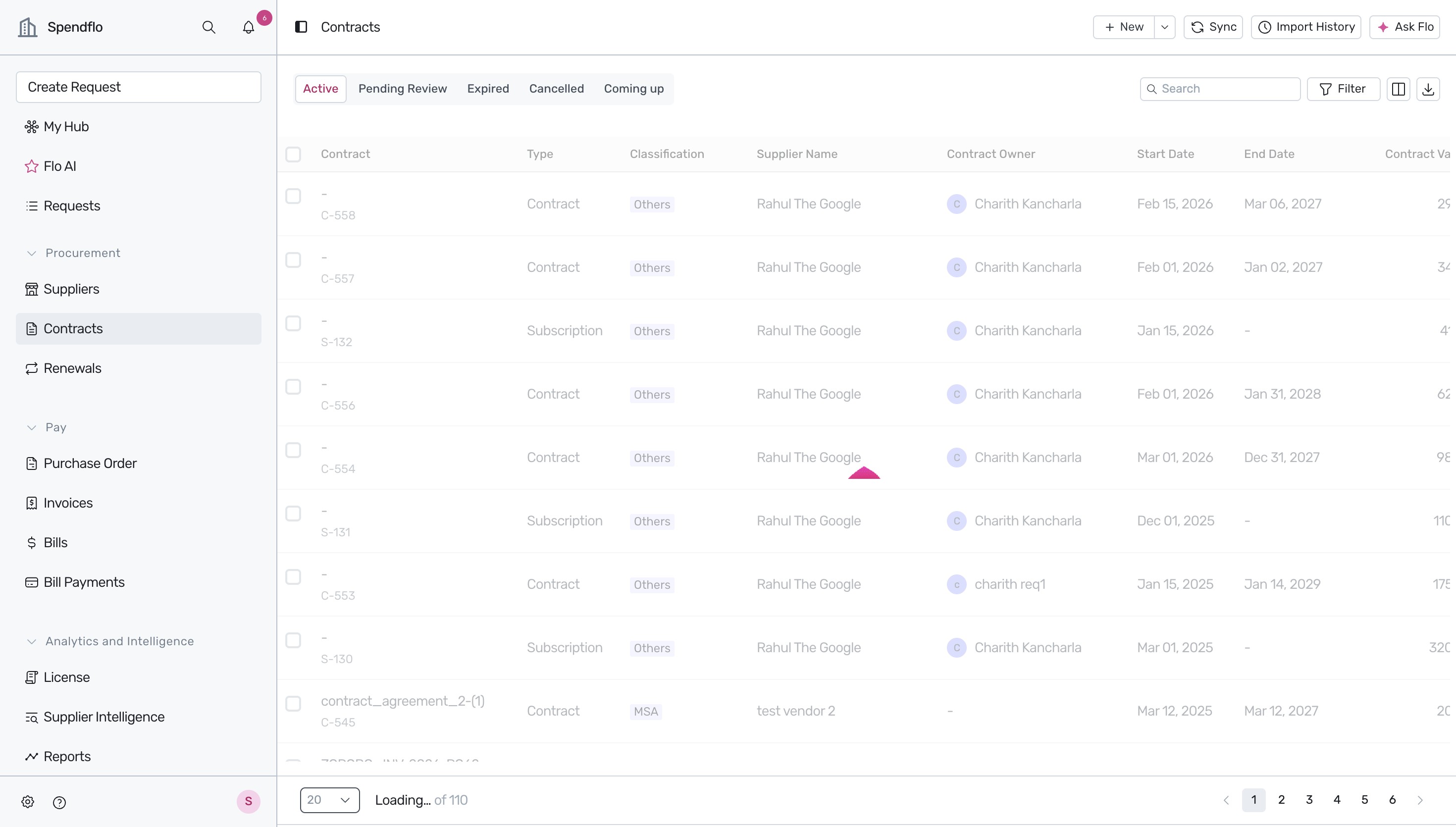 Contracts listing page showing active and pending agreements