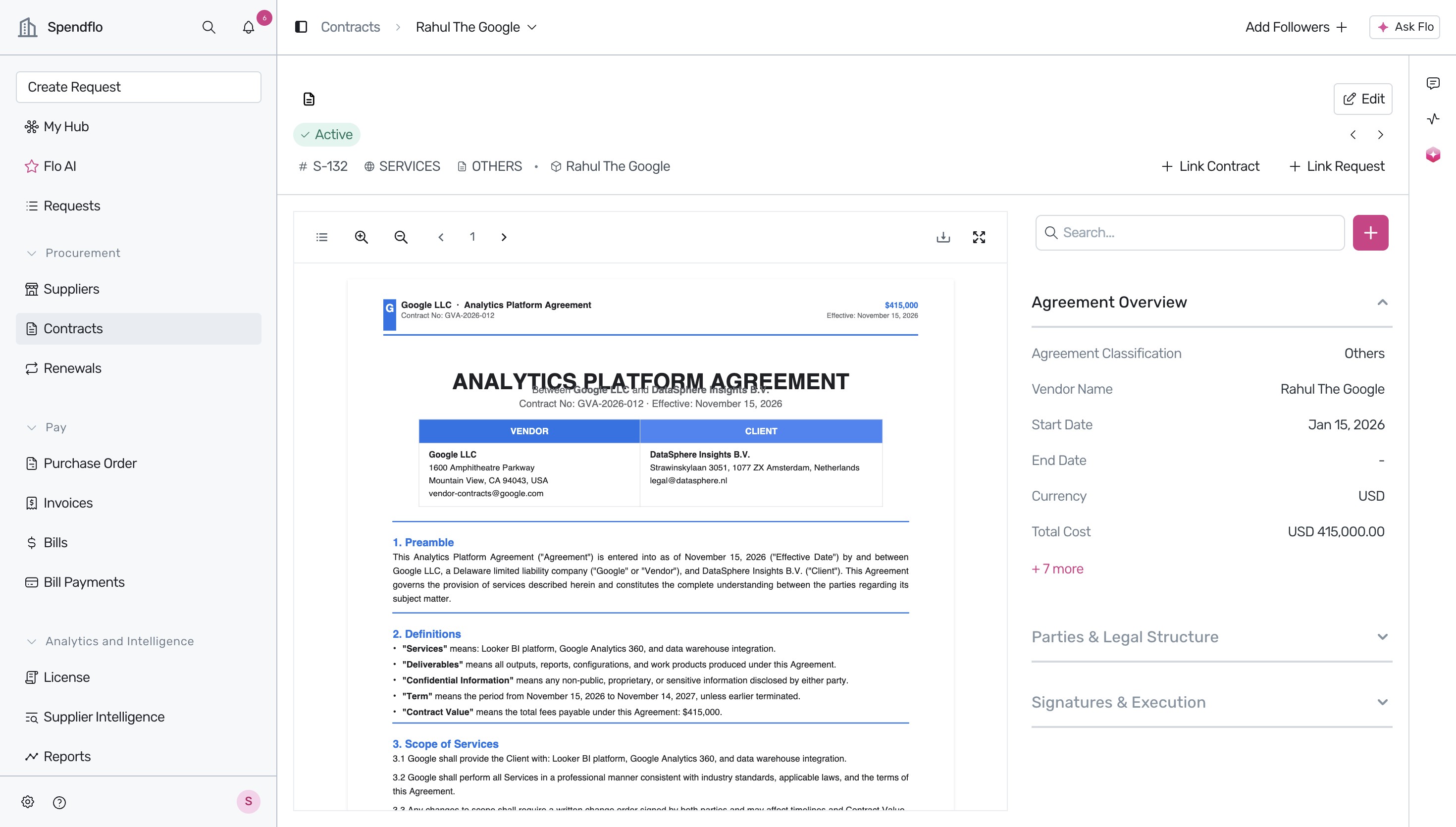 Selecting a contract from the agreements list