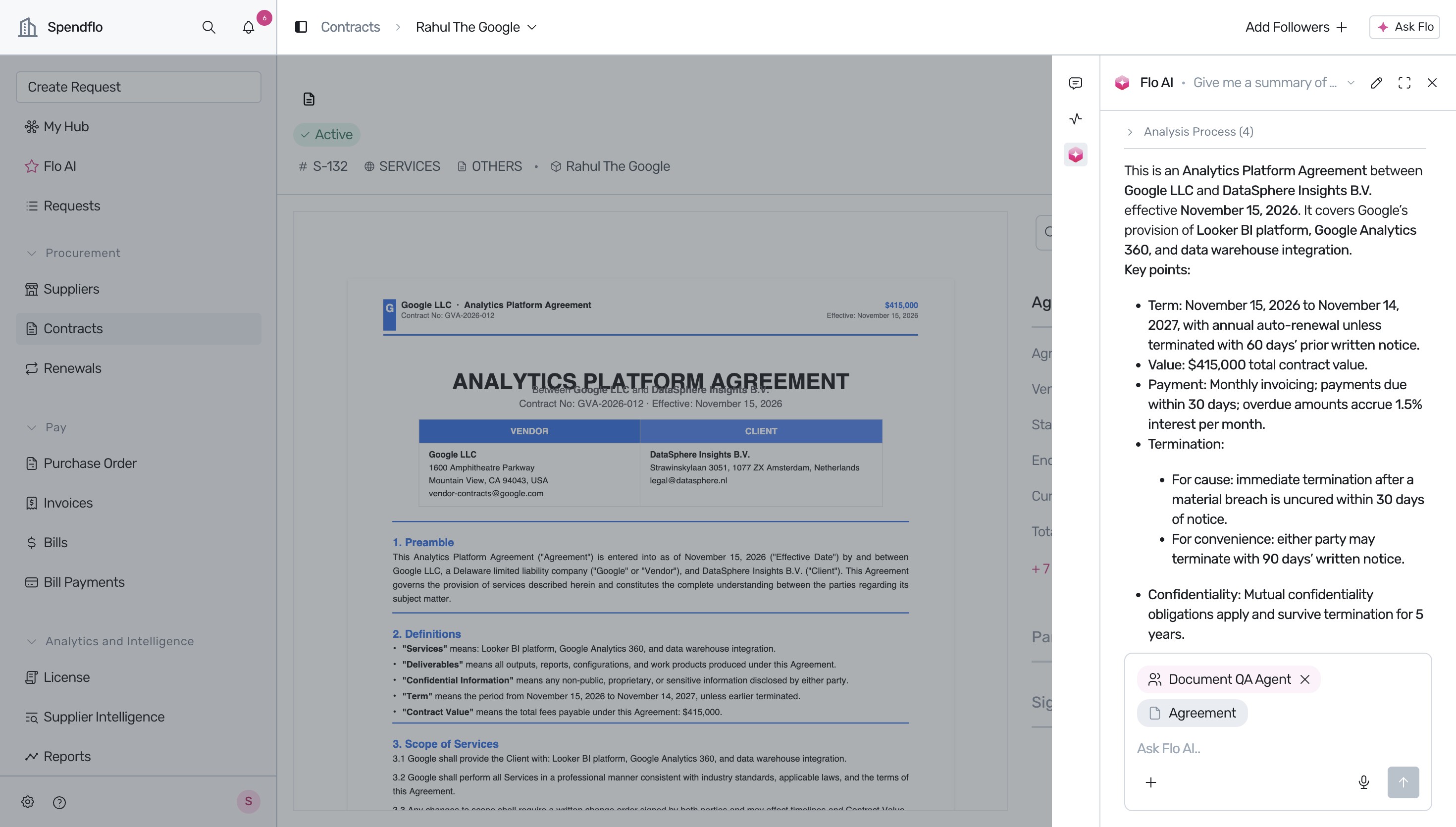 Flo AI generating a structured contract summary