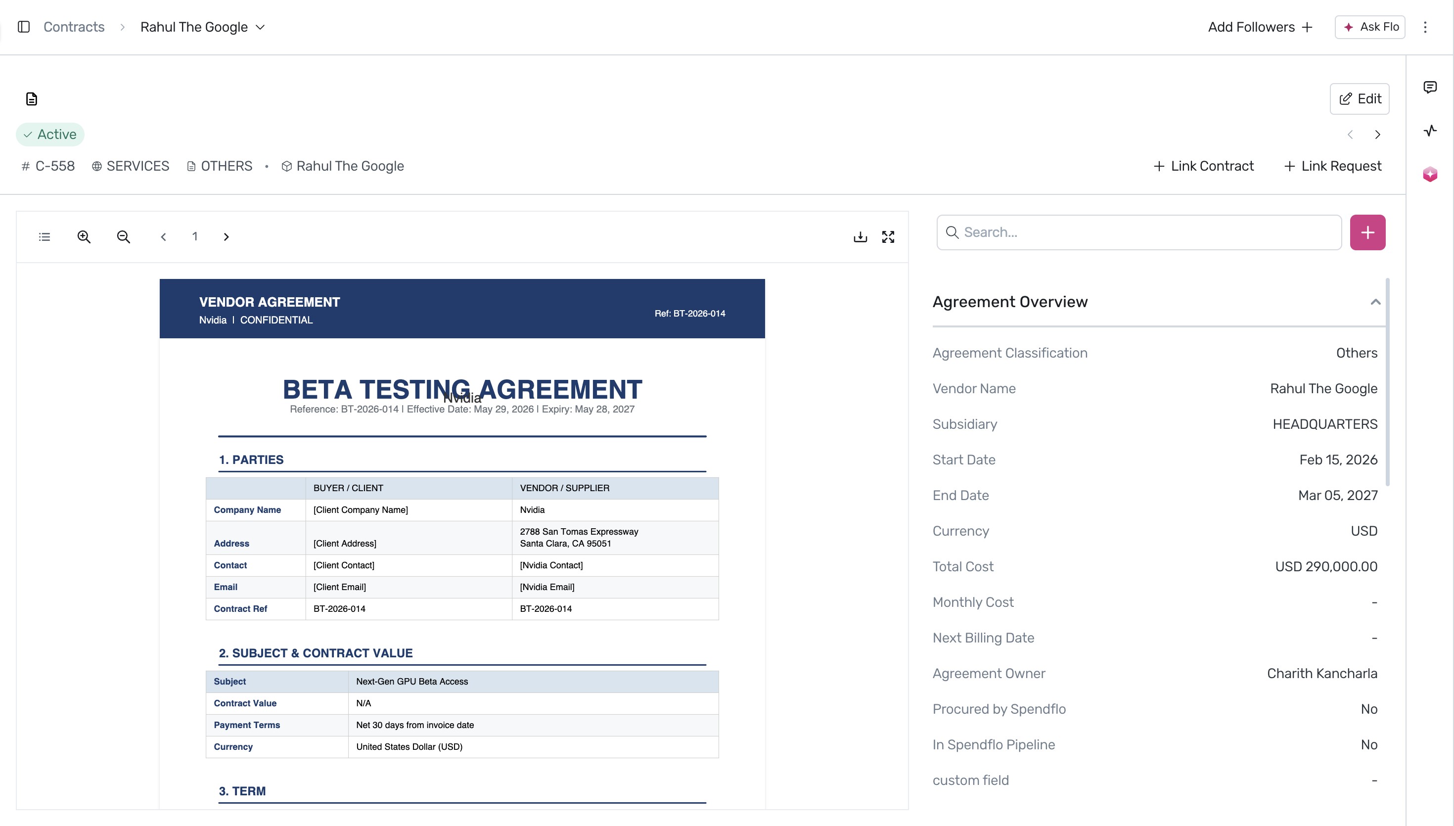 Contract detailed view with Agreement Overview