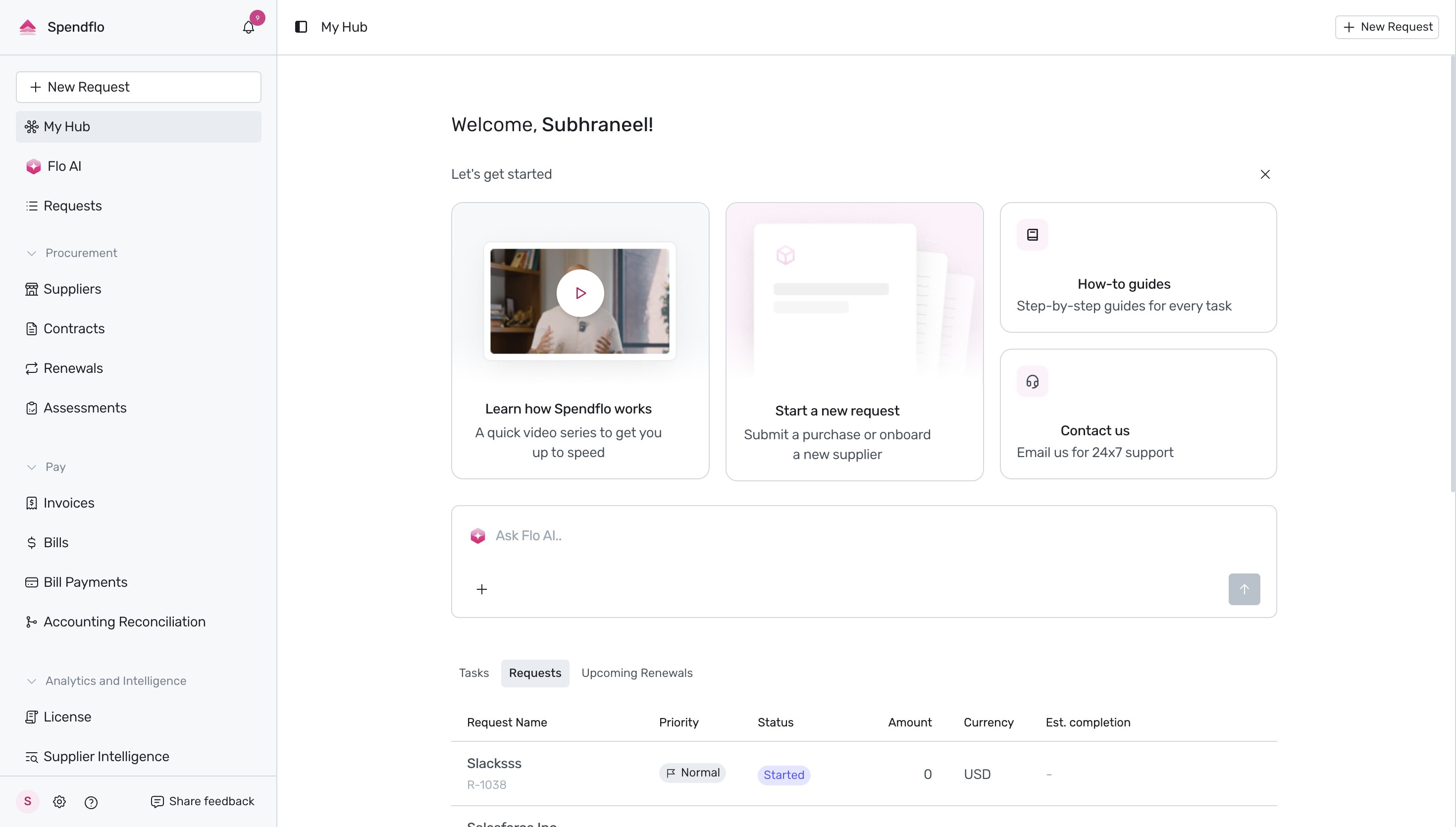 Spendflo My Hub central workspace dashboard