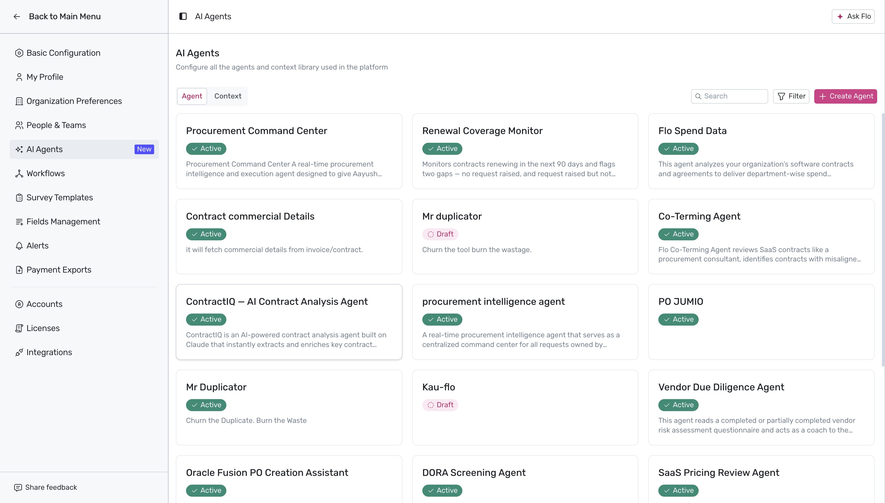 AI Agents library configuration screen
