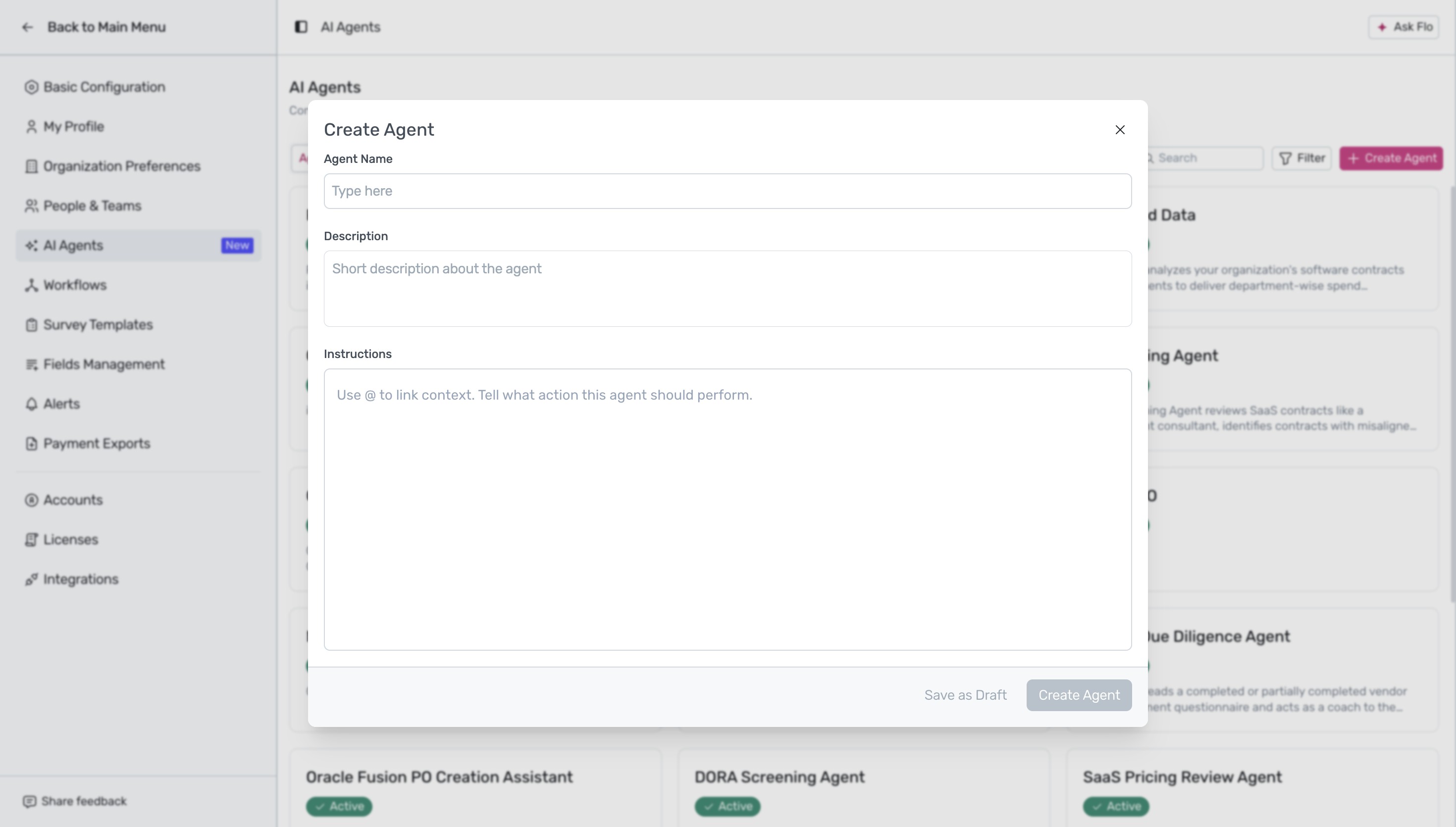 Create Agent button in top right corner