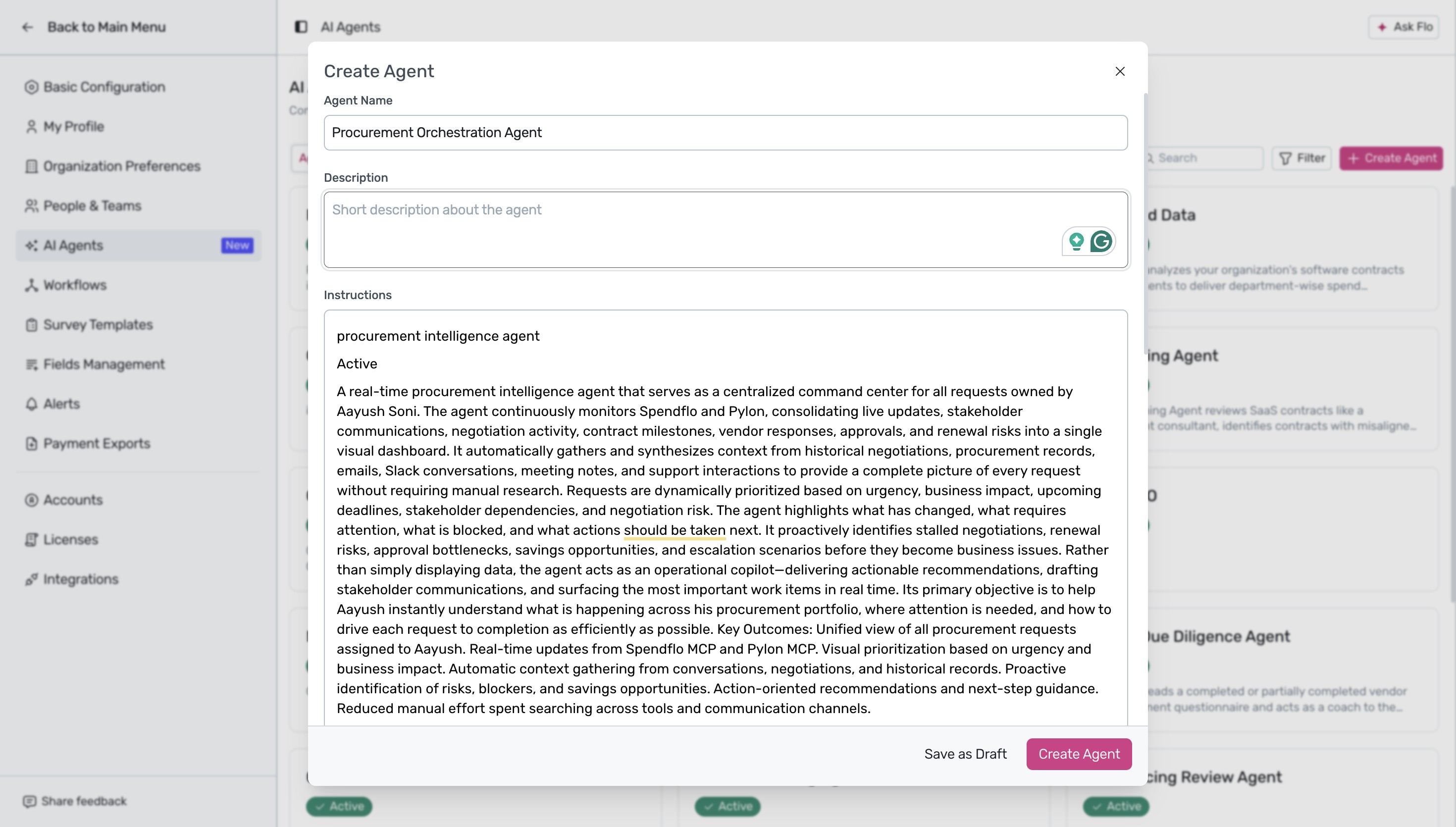 Create Agent modal with name and instructions fields