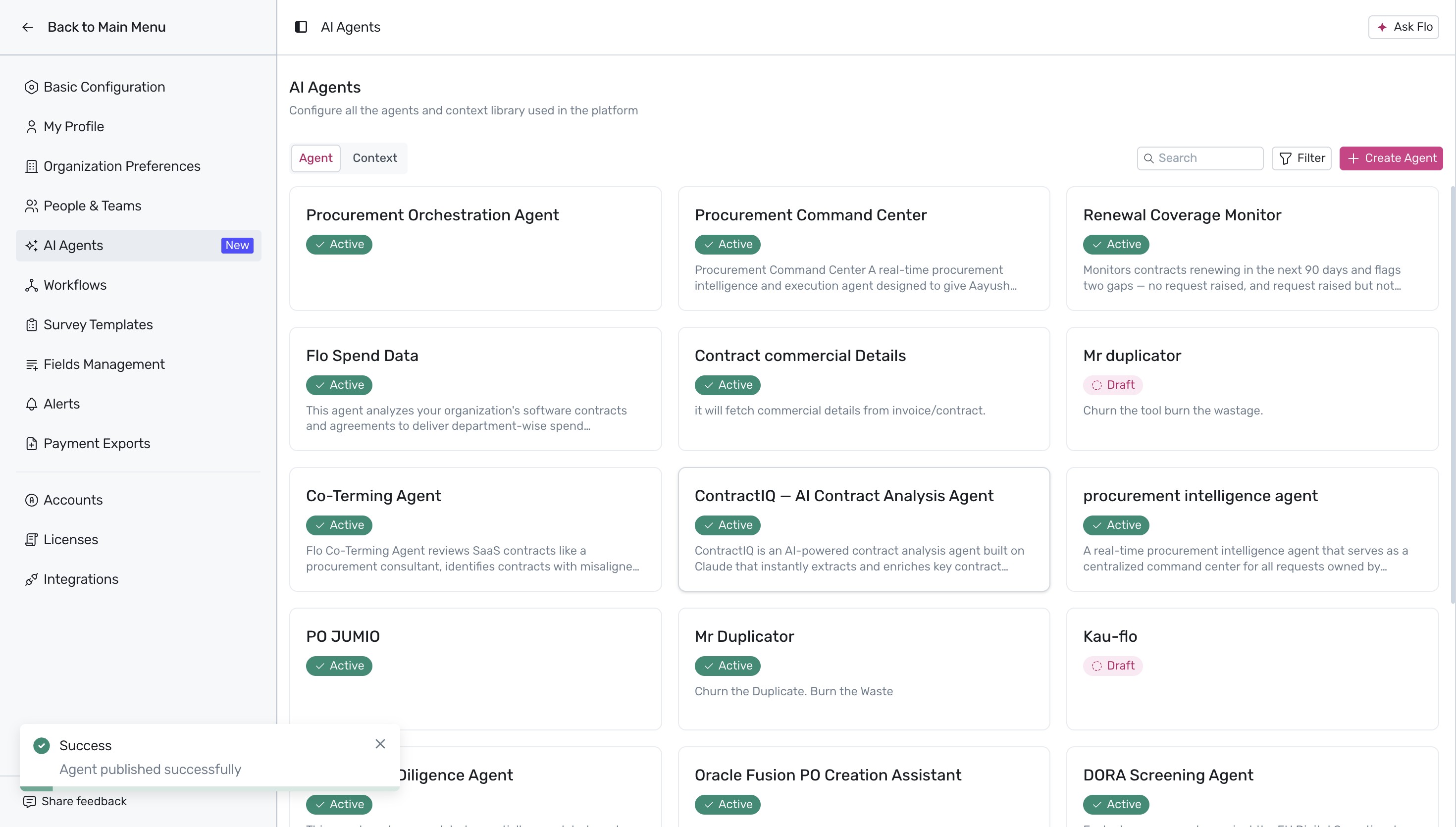 AI Agents list showing published agent success message