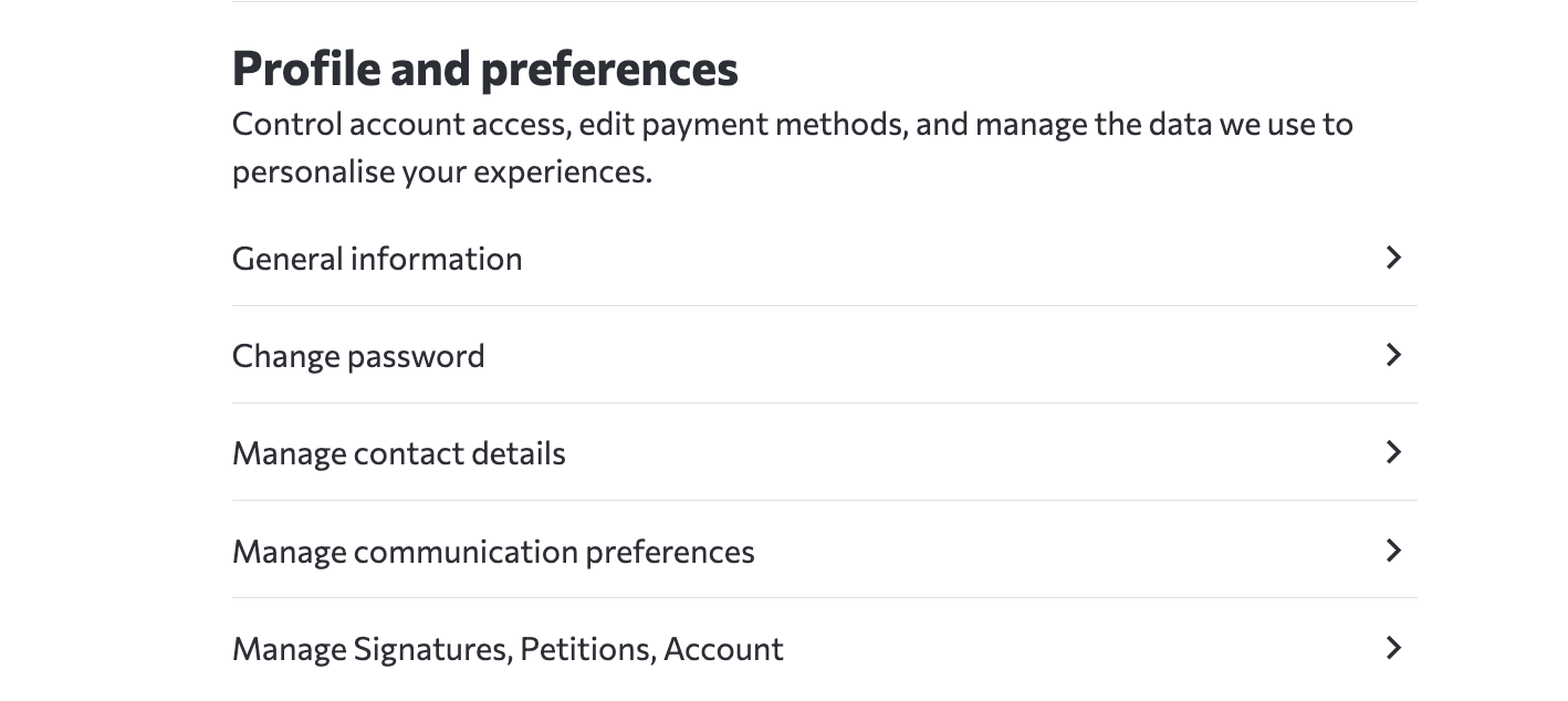 Account Settings menu with the Manage Signatures, Petitions, Account option