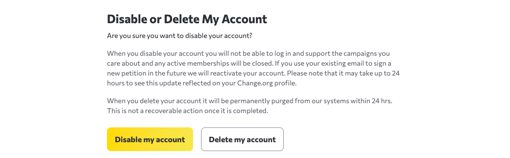 Manage Assets page with separate Disable my account and Delete my account buttons