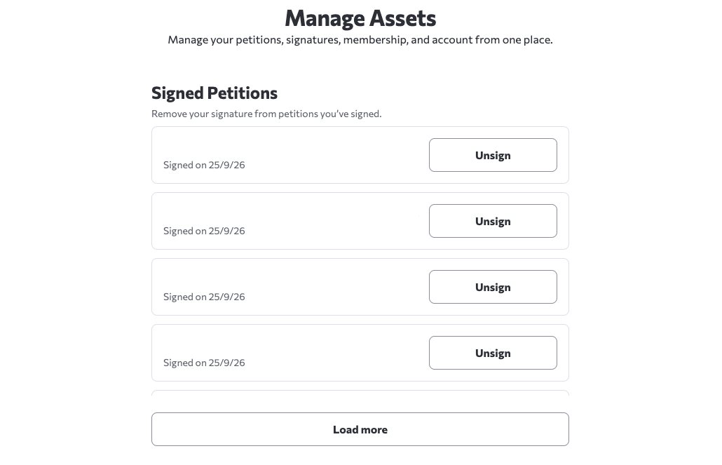Manage Assets page with Signed Petitions and Unsign buttons